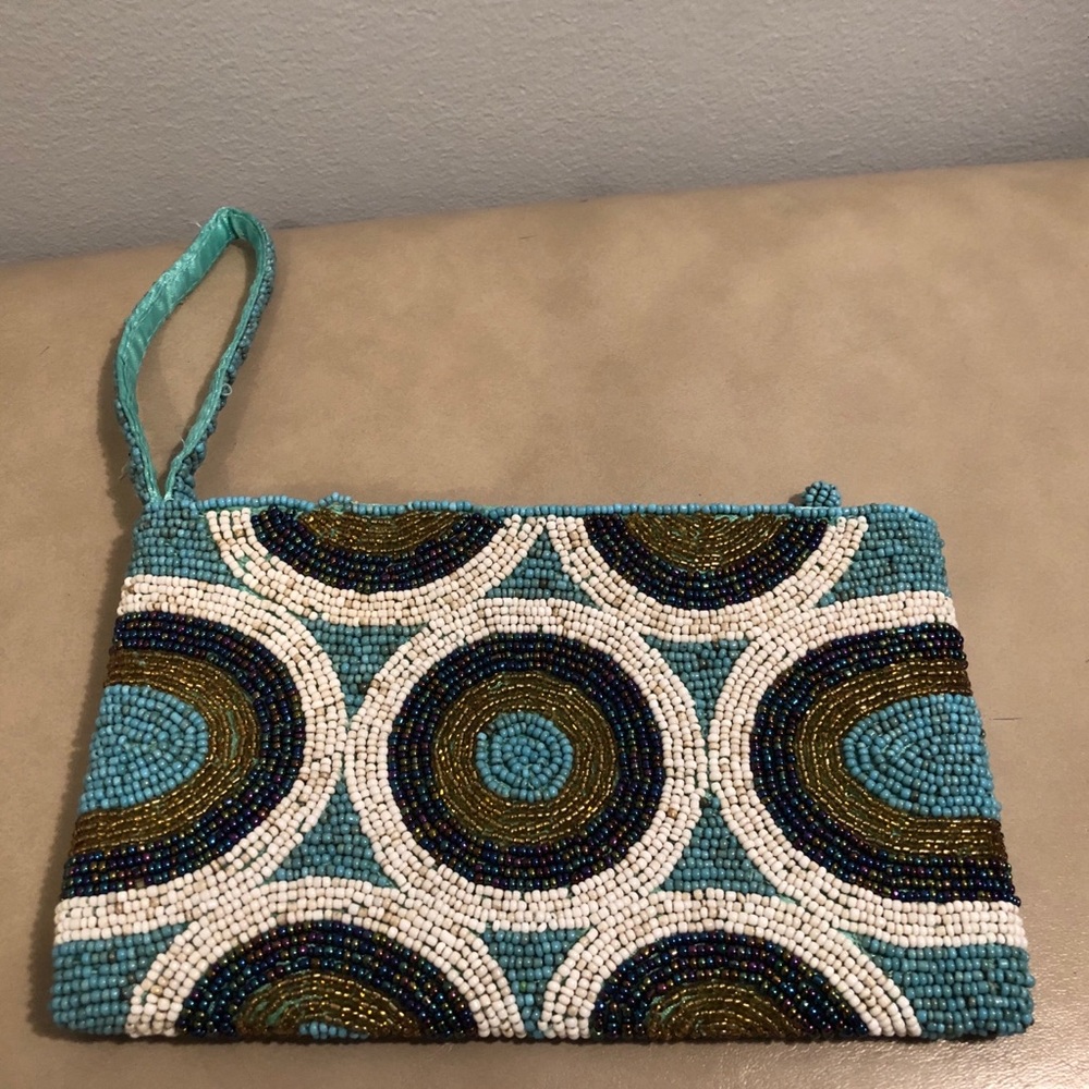 Fully Beaded Turquoise and Gold Clutch